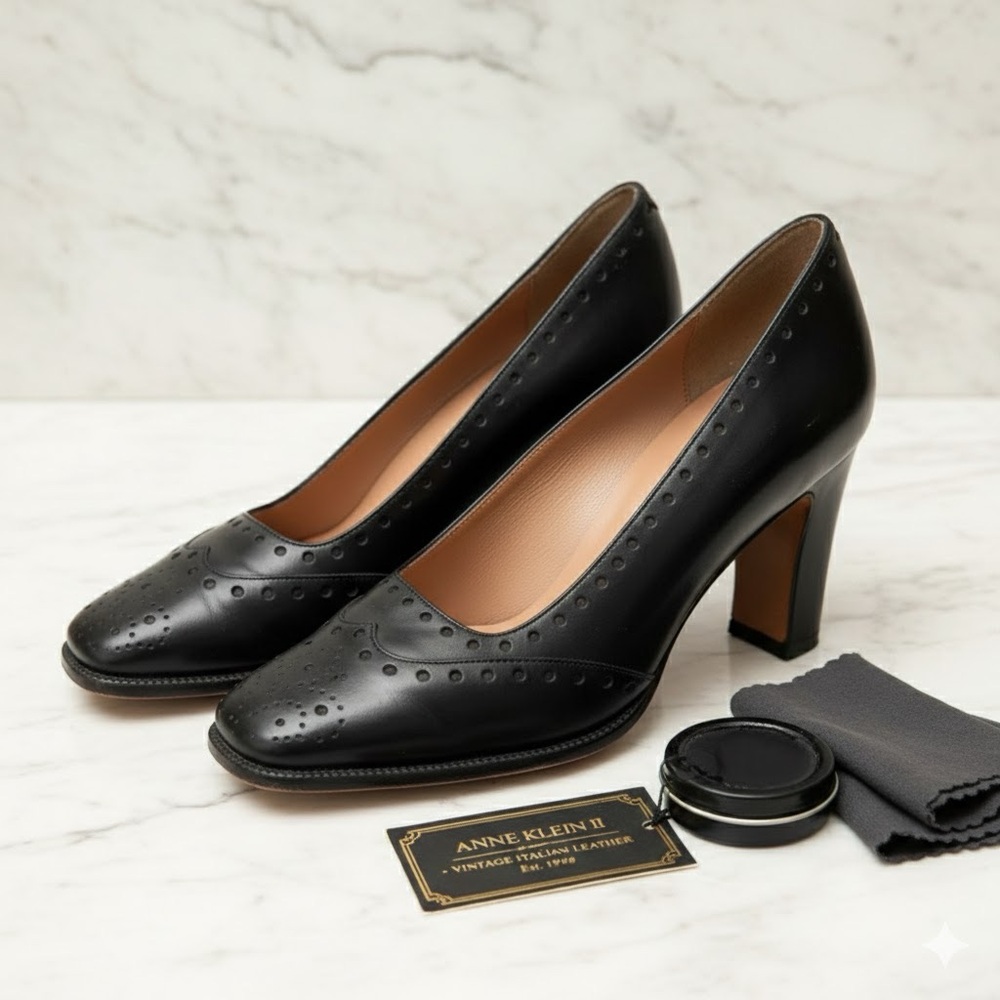 Vintage Anne Klein Black All Leather Wingtip Oxford Pumps Square Toe Italy 6